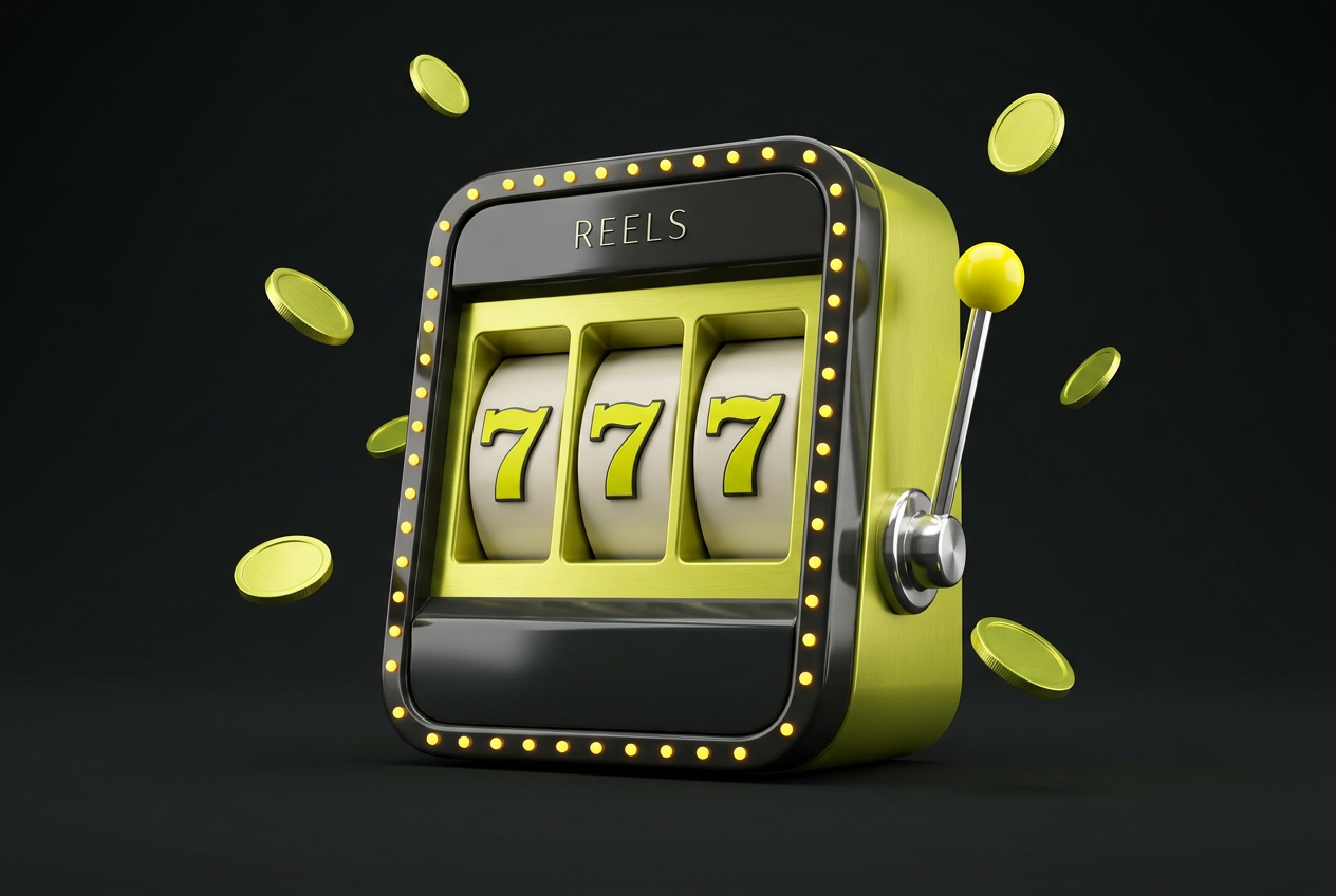 Black and lime slot machine with three lucky sevens and floating coins
